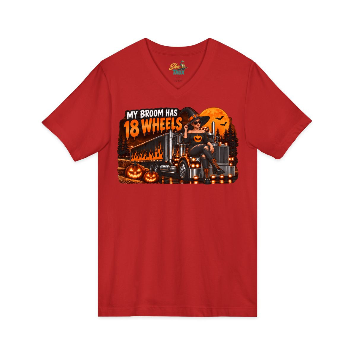 Halloween - My Broom Has 18 Wheels - V-Neck - Multiple Colors