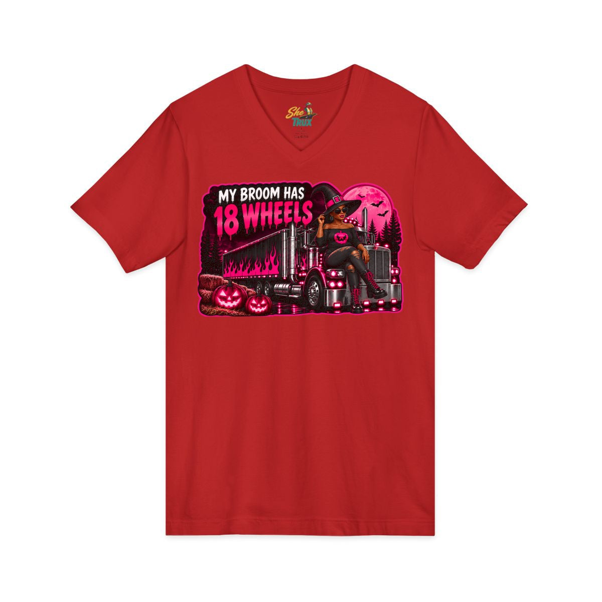 Halloween - My Broom Has 18 Wheels - V-Neck - Multiple Colors