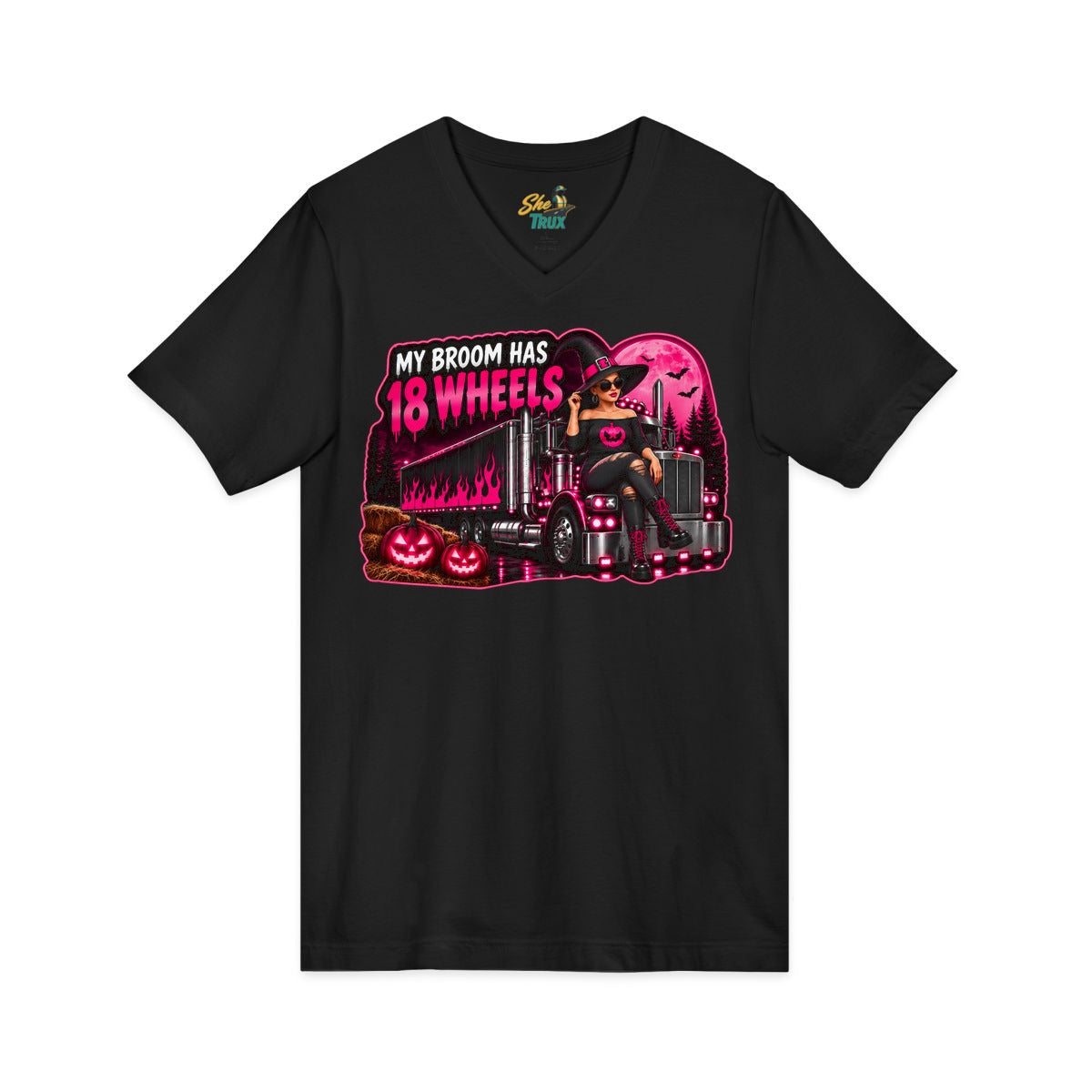 Halloween - My Broom Has 18 Wheels - V-Neck - Multiple Colors