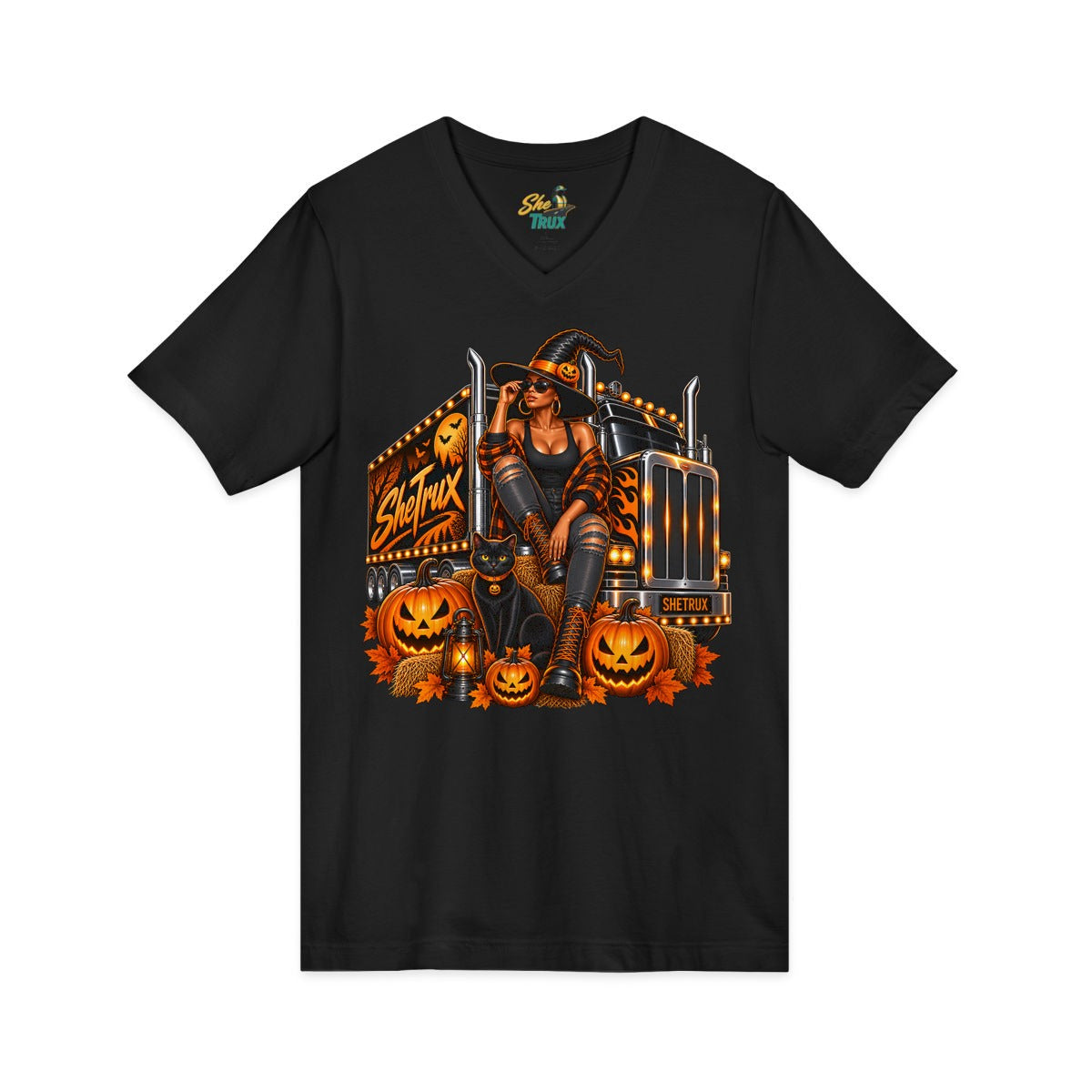 Halloween - Witch on Truck - V-Neck - Multiple Colors