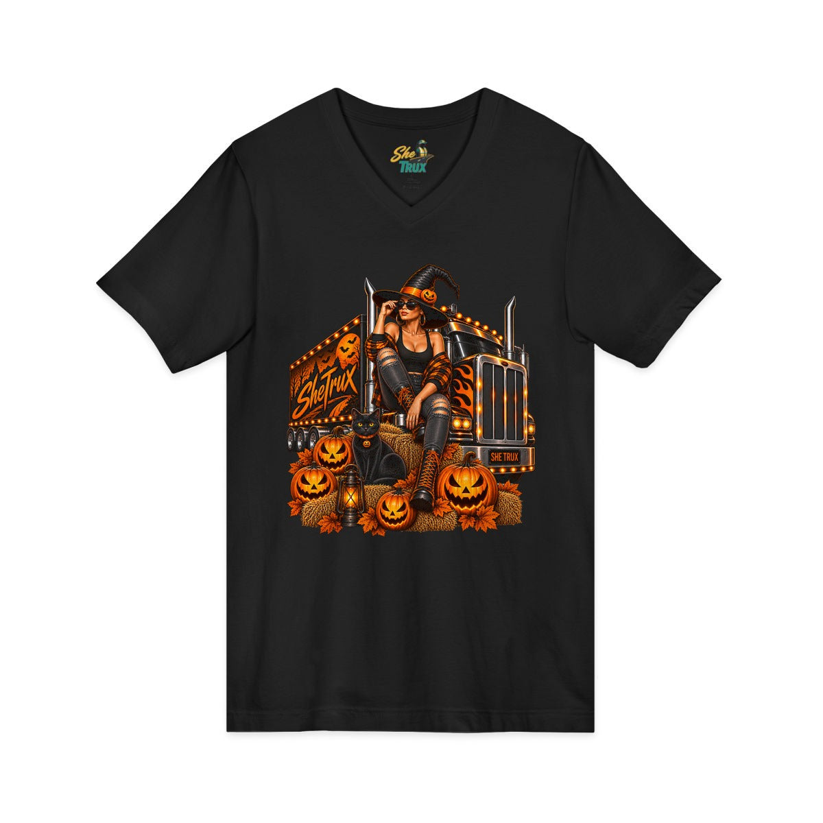 Halloween - Witch on Truck - V-Neck - Multiple Colors