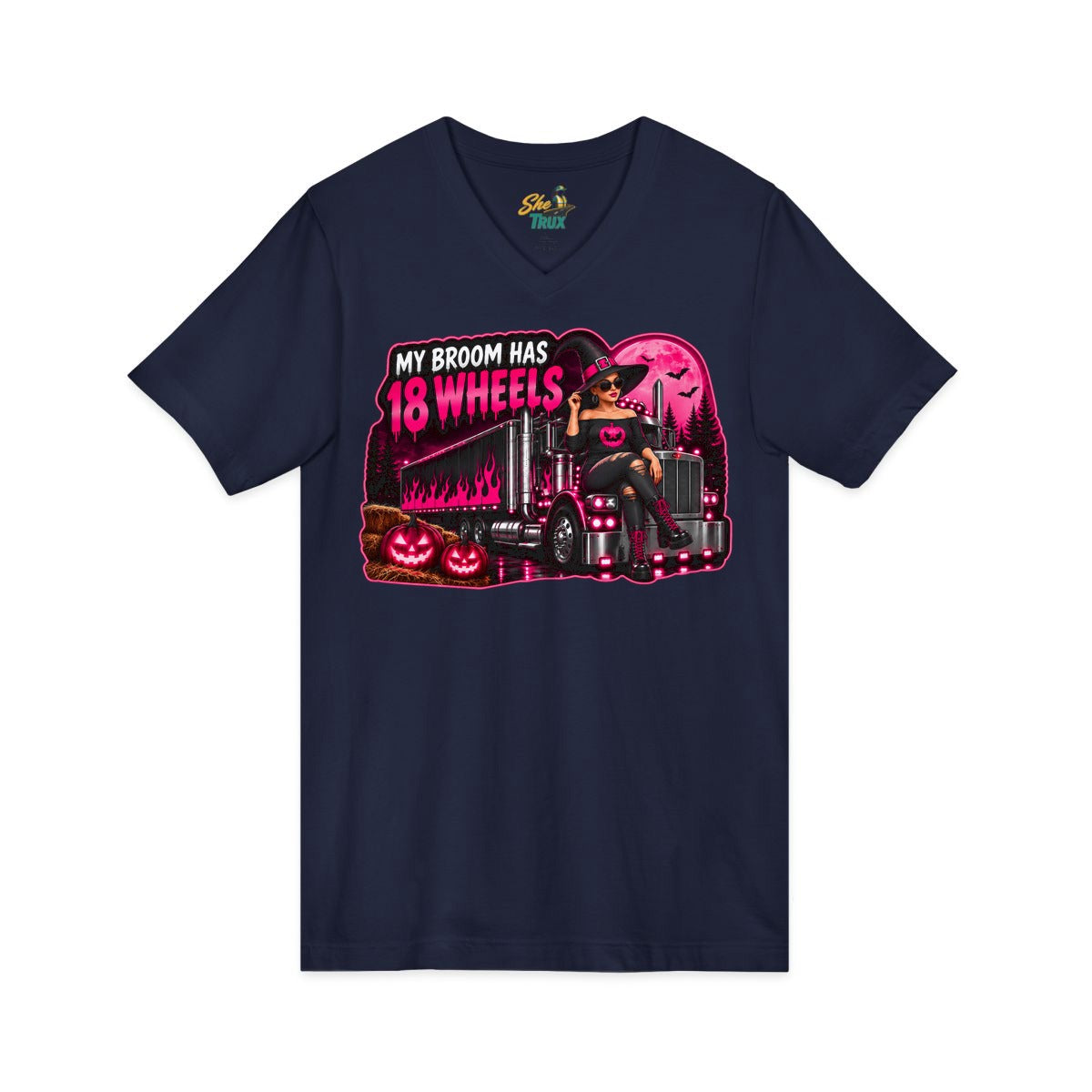 Halloween - My Broom Has 18 Wheels - V-Neck - Multiple Colors
