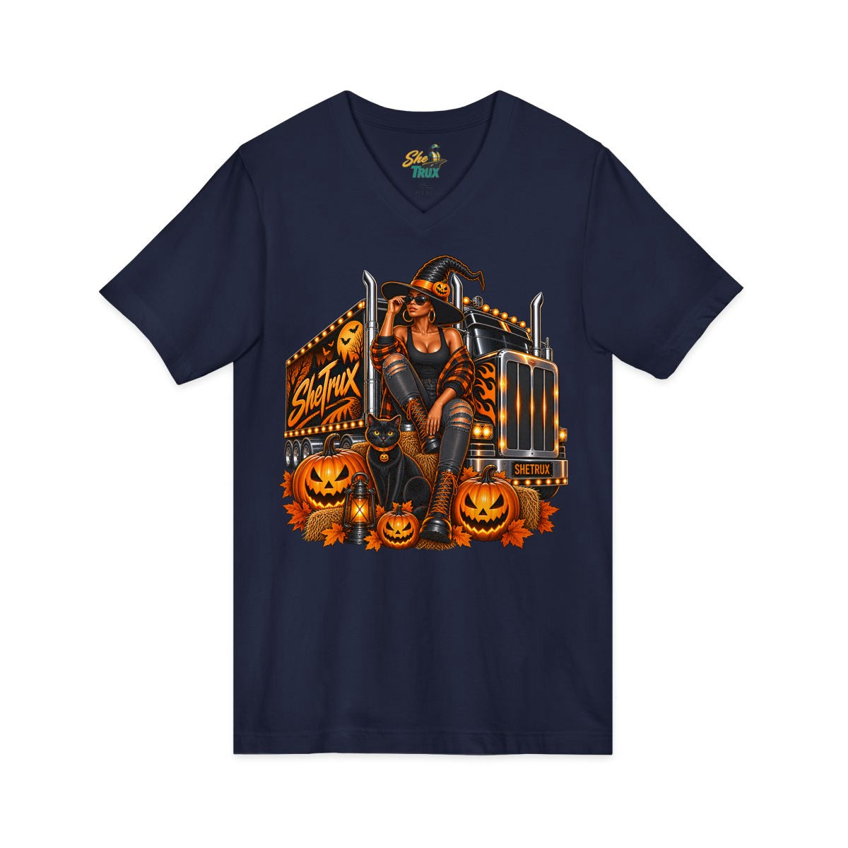 Halloween - Witch on Truck - V-Neck - Multiple Colors