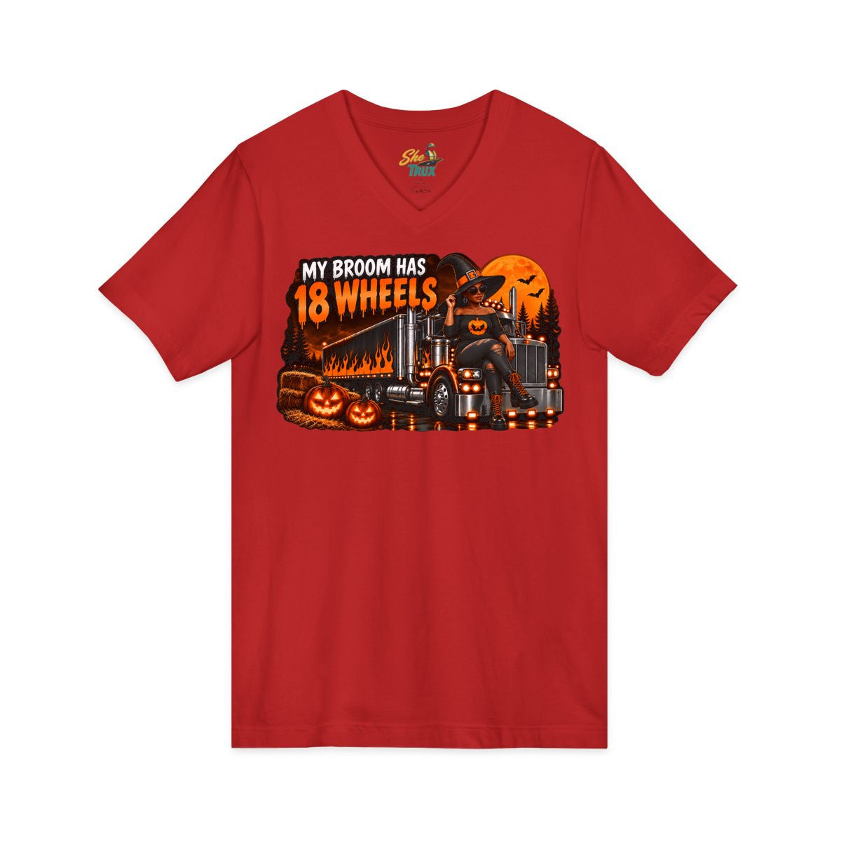Halloween - My Broom Has 18 Wheels - V-Neck - Multiple Colors