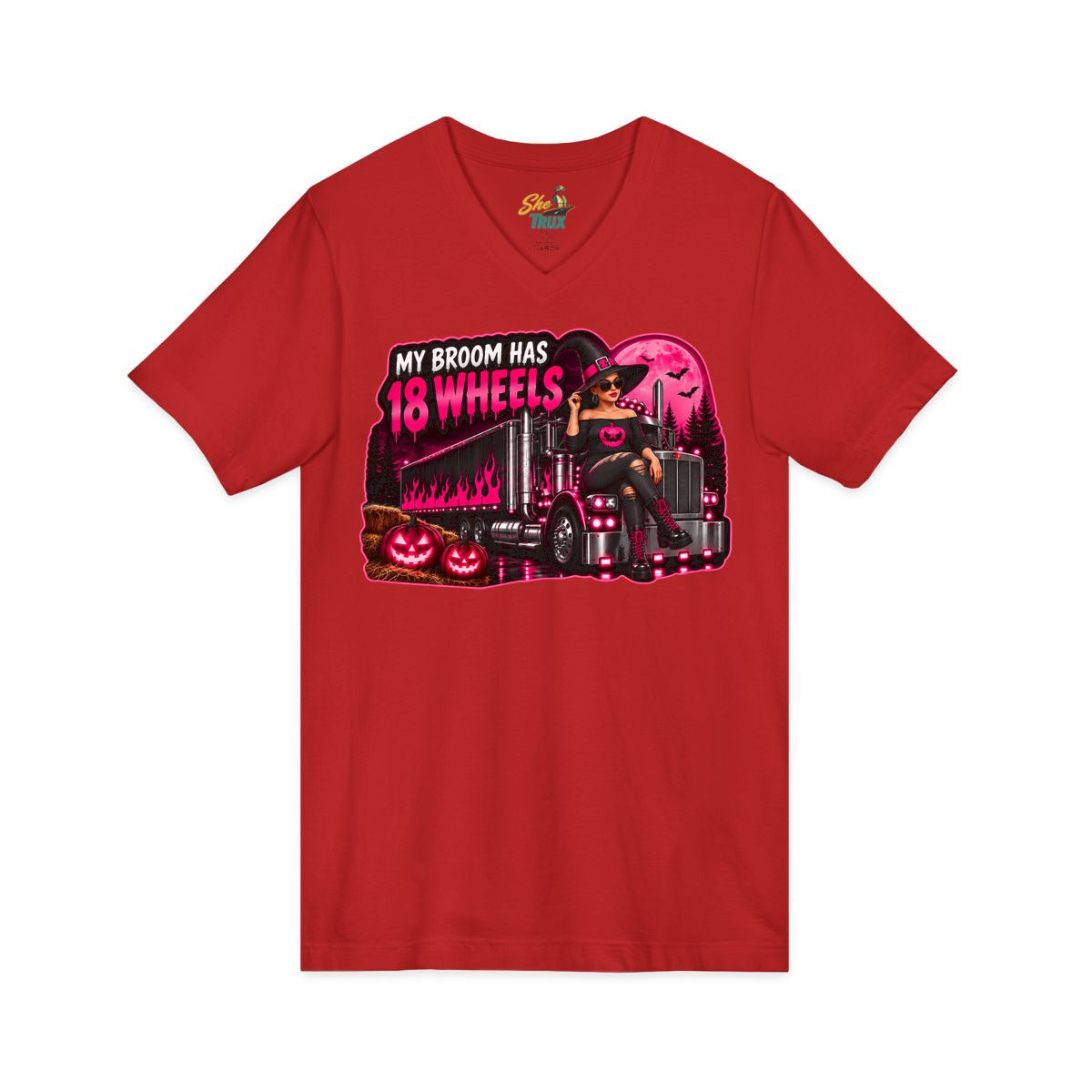 Halloween - My Broom Has 18 Wheels - V-Neck - Multiple Colors