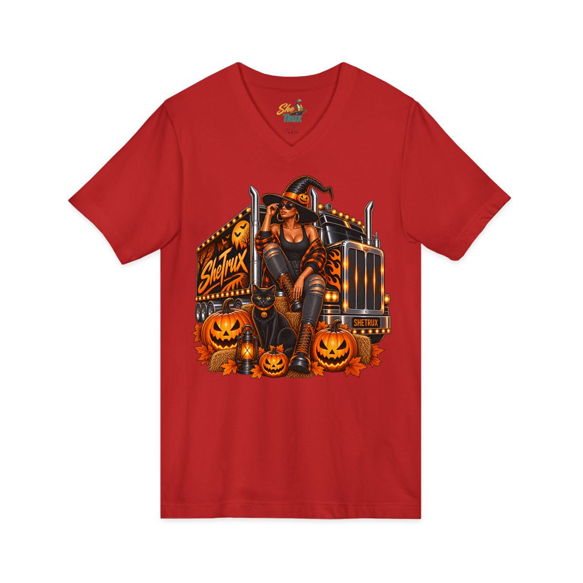 Halloween - Witch on Truck - V-Neck - Multiple Colors